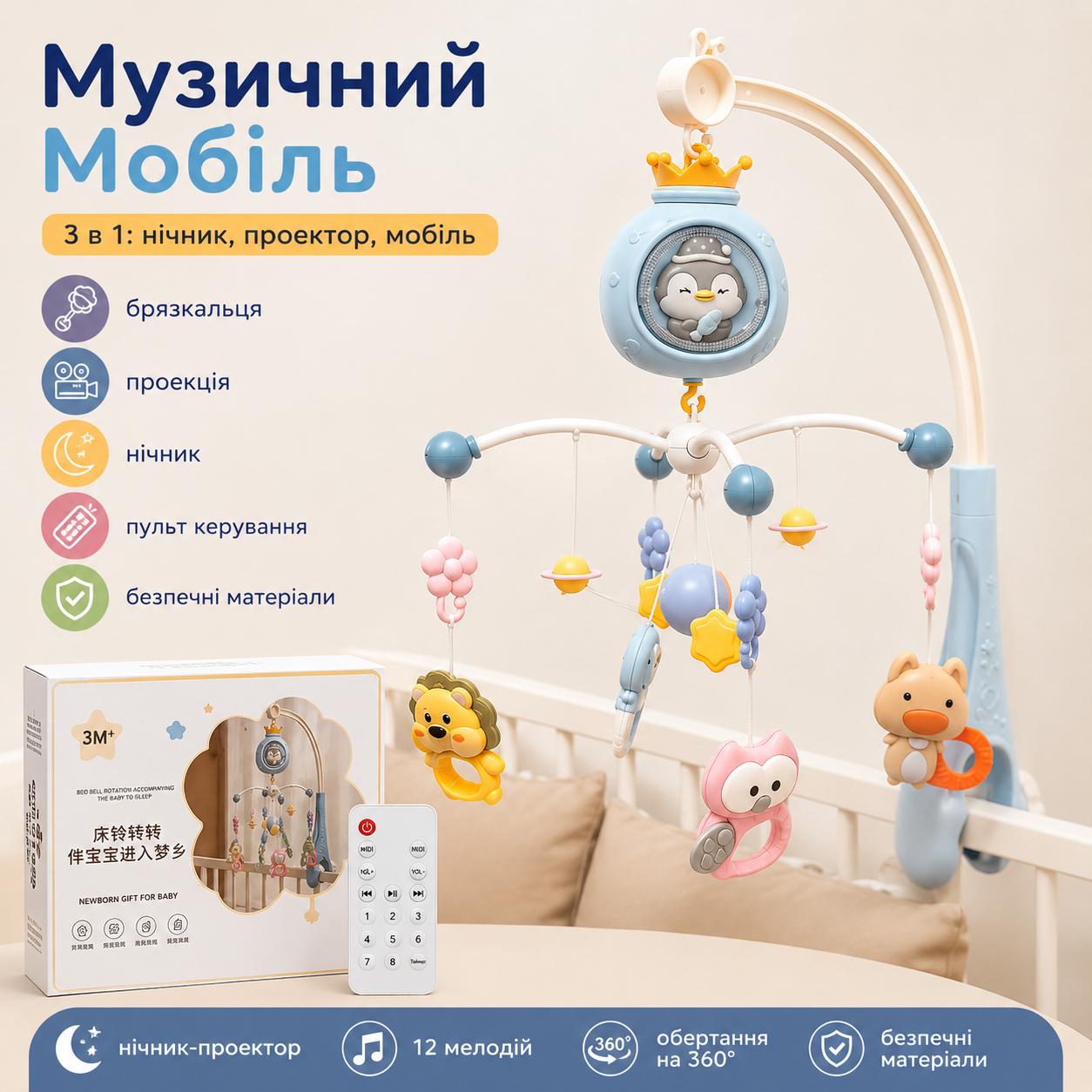 Музичний мобіль на ліжечко 3 в 1 нічник, проектор і мобіль із пультом керування 7707/1 Блакитний