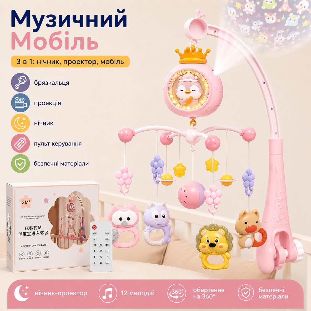 Музичний мобіль на ліжечко 3 в 1 нічник, проектор і мобіль із пультом керування 7707/1 Рожевий
