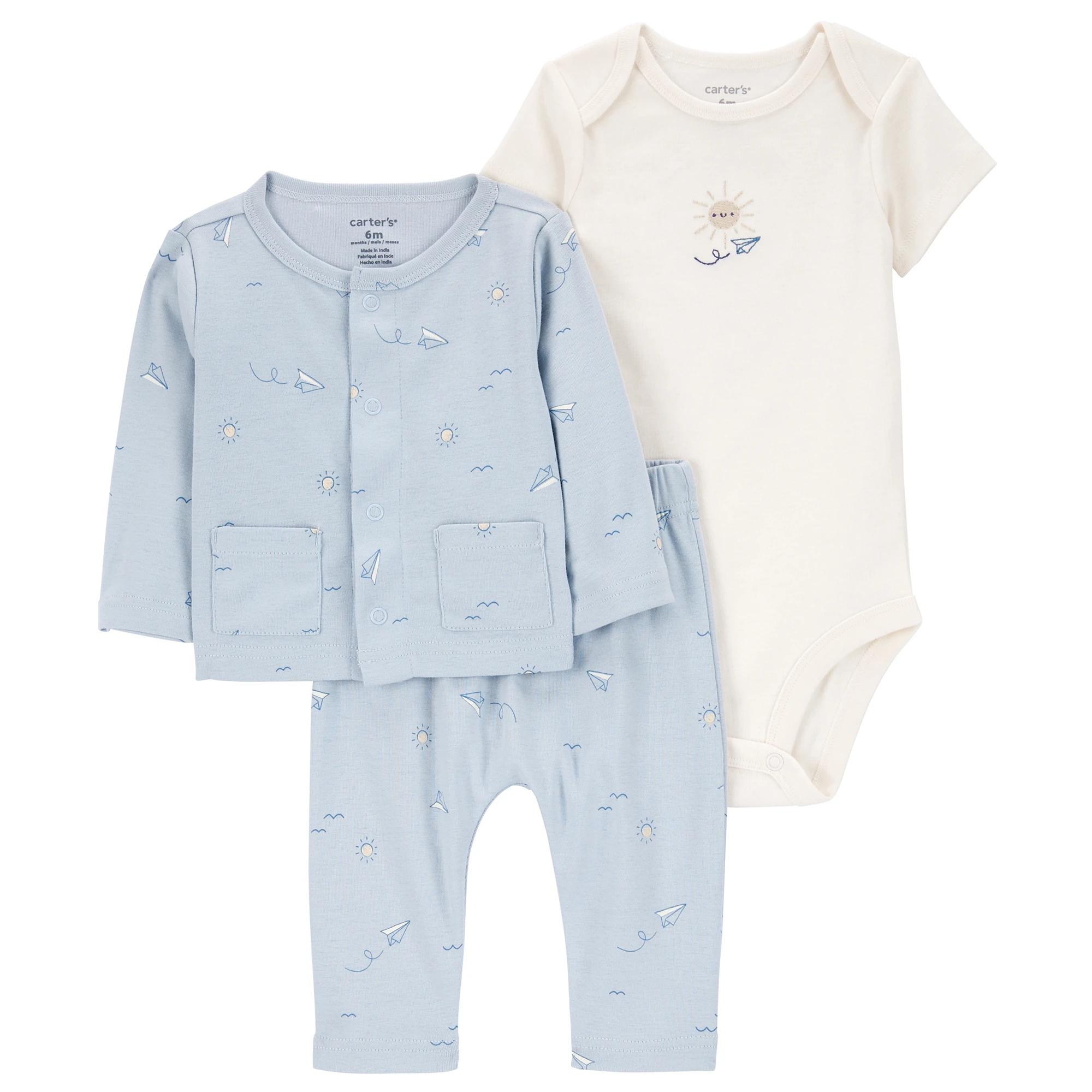Комплект (кардиган + боді + штани) Carters 599710 46-55 см 0 міс. Блакитний